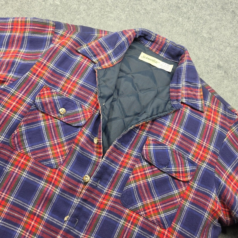 St Johns Bay Men Lg Vintage USA  Quilted Flannel Shirt Jacket  Plaid L-Tall